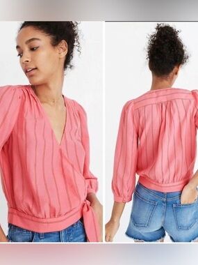 Madewell Coral Pink V-Neck Wrap Blouse